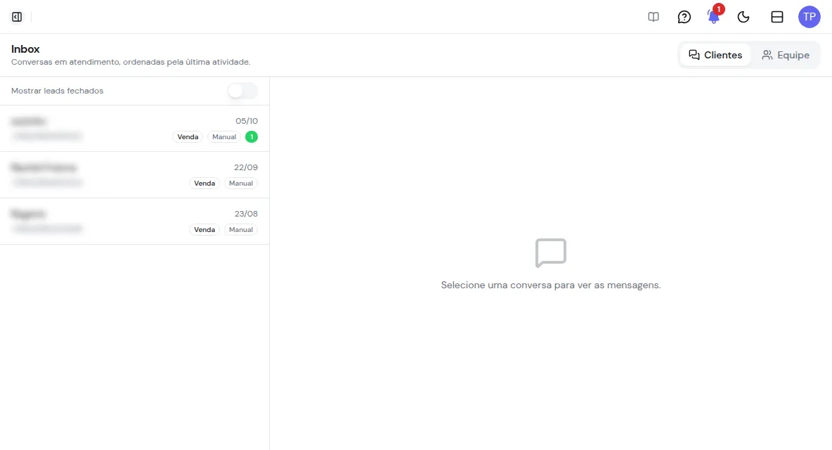 Aba Clientes do Atendimento com a lista de conversas em atendimento, o tipo de negócio, o modo Auto ou Manual e as mensagens não lidas