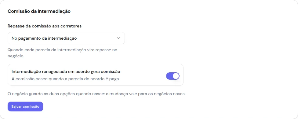 Card Comissão da intermediação com o repasse no pagamento e a intermediação renegociada gerando comissão