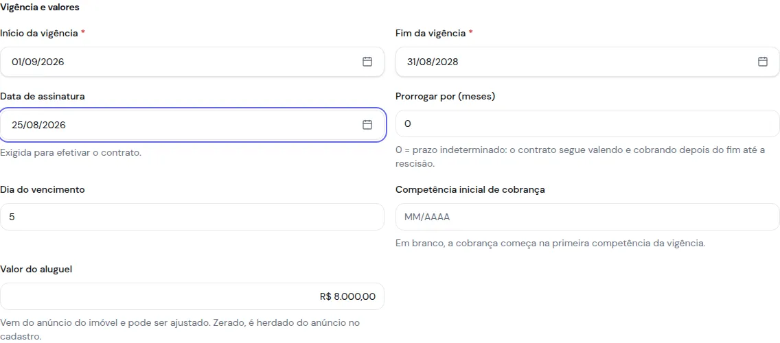Bloco de vigência e valores do contrato, com início, fim e a data de assinatura marcada como exigida para efetivar