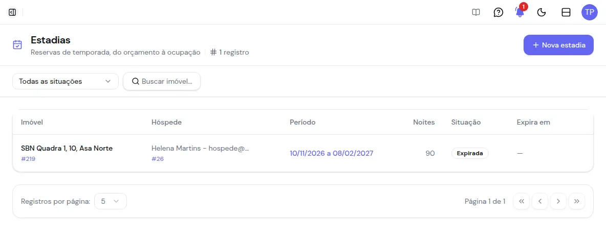 Lista de estadias com imóvel, hóspede, período, noites, situação e prazo da pré-reserva