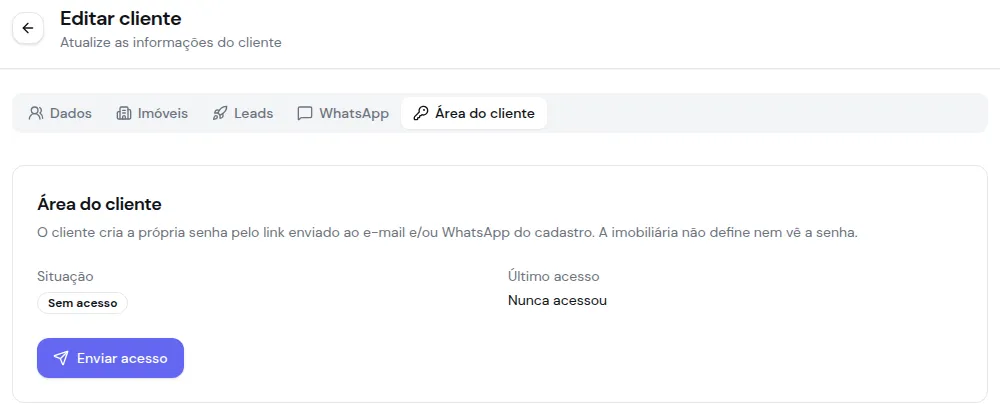 Aba Área do cliente no cadastro do cliente, com a situação Sem acesso e o botão Enviar acesso