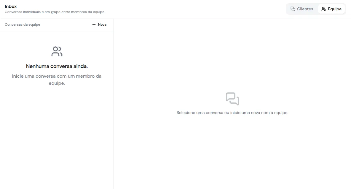Aba Equipe do Atendimento, ainda sem conversas, com a lista Conversas da equipe e o botão Nova