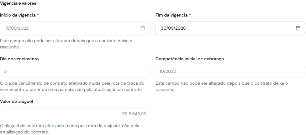 Bloco Vigência e valores com o valor do aluguel e o dia do vencimento travados