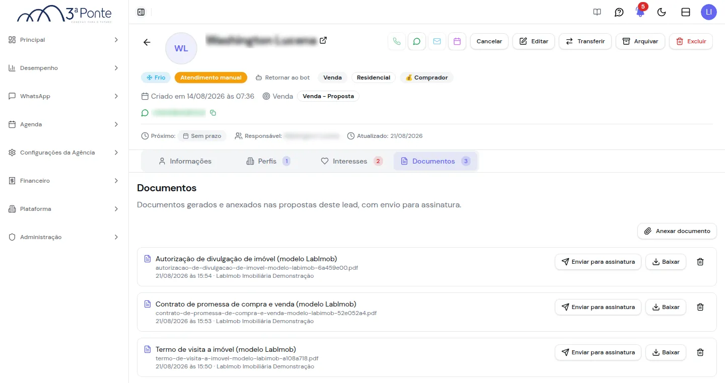 Aba Documentos com os arquivos gerados e as ações disponíveis
