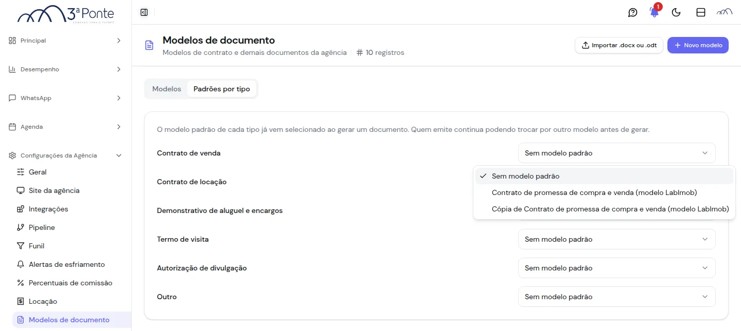 Seletor aberto, oferecendo só os modelos daquele tipo