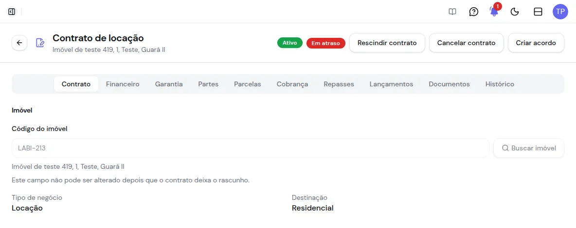 Ficha do contrato com a situação, as ações e as dez abas