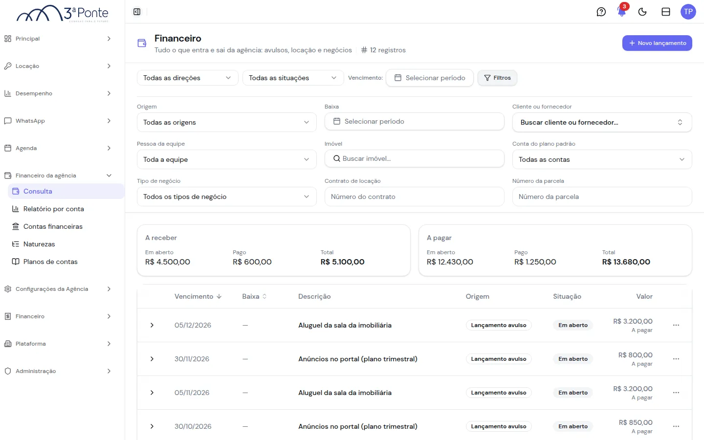 Consulta com o painel de filtros aberto