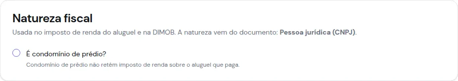 Card Natureza fiscal do cadastro de um cliente com CNPJ, com a pergunta se é condomínio de prédio