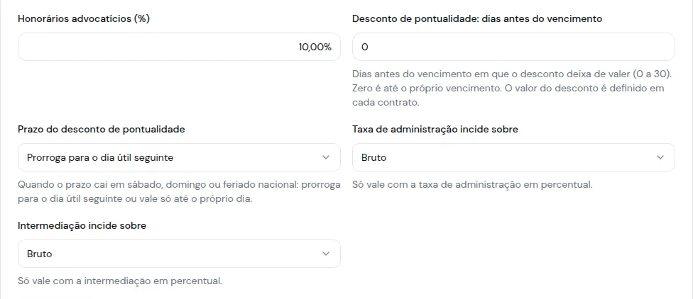 Padrões do contrato com os dias antes do vencimento, o prazo do desconto e as bases da taxa e da intermediação