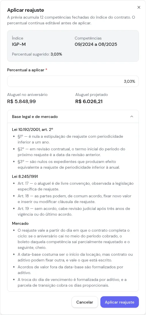 Diálogo Aplicar reajuste com índice, competências, percentual e a base legal aberta