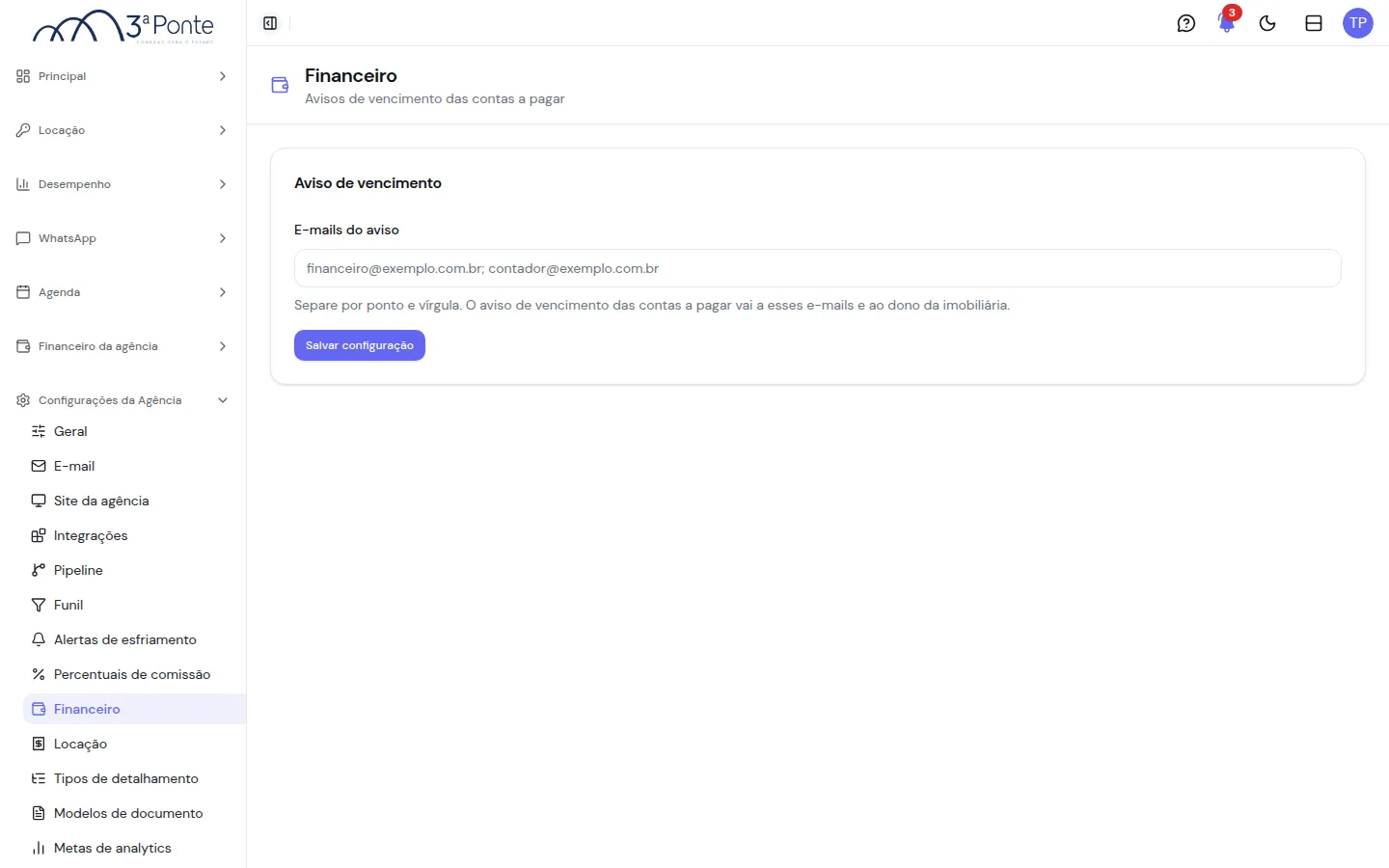 Configuração do aviso de vencimento das contas a pagar
