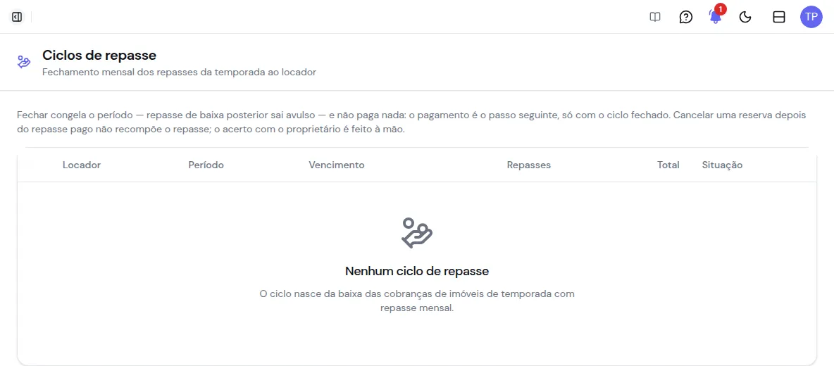 Tela Ciclos de repasse, sem ciclo registrado, com a explicação de que o ciclo nasce da baixa das cobranças de temporada