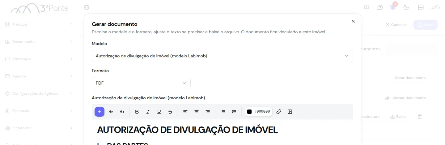 Diálogo Gerar documento abrindo com o modelo padrão já selecionado