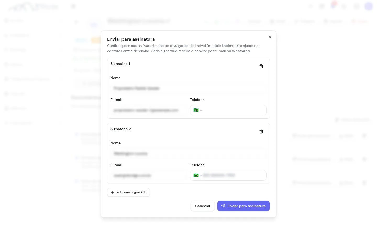 Diálogo de envio com os signatários sugeridos
