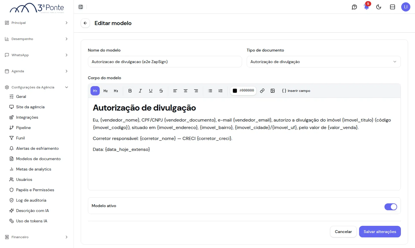 Modelo com texto formatado e campos inseridos