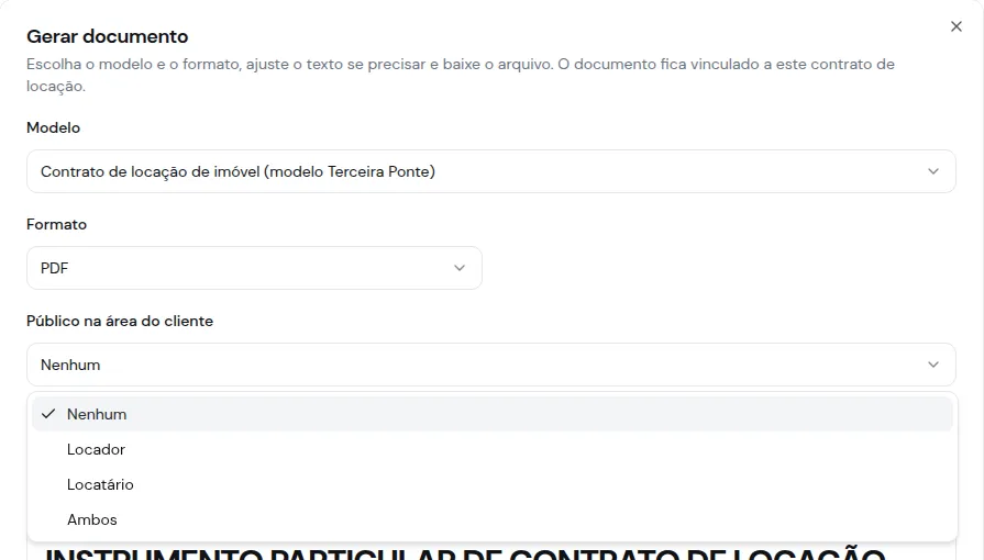 Diálogo Gerar documento do contrato com o campo Público na área do cliente aberto nas opções Nenhum, Locador, Locatário e Ambos