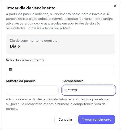 Diálogo Trocar dia de vencimento com o dia atual, o novo dia e a parcela de início