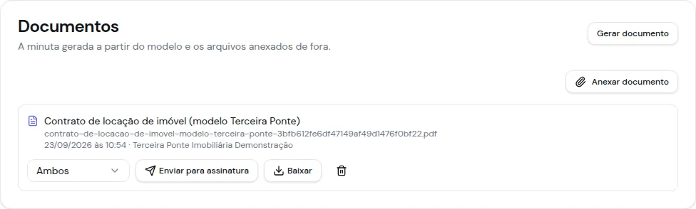 Lista de documentos do contrato com o seletor de público Ambos na linha do documento