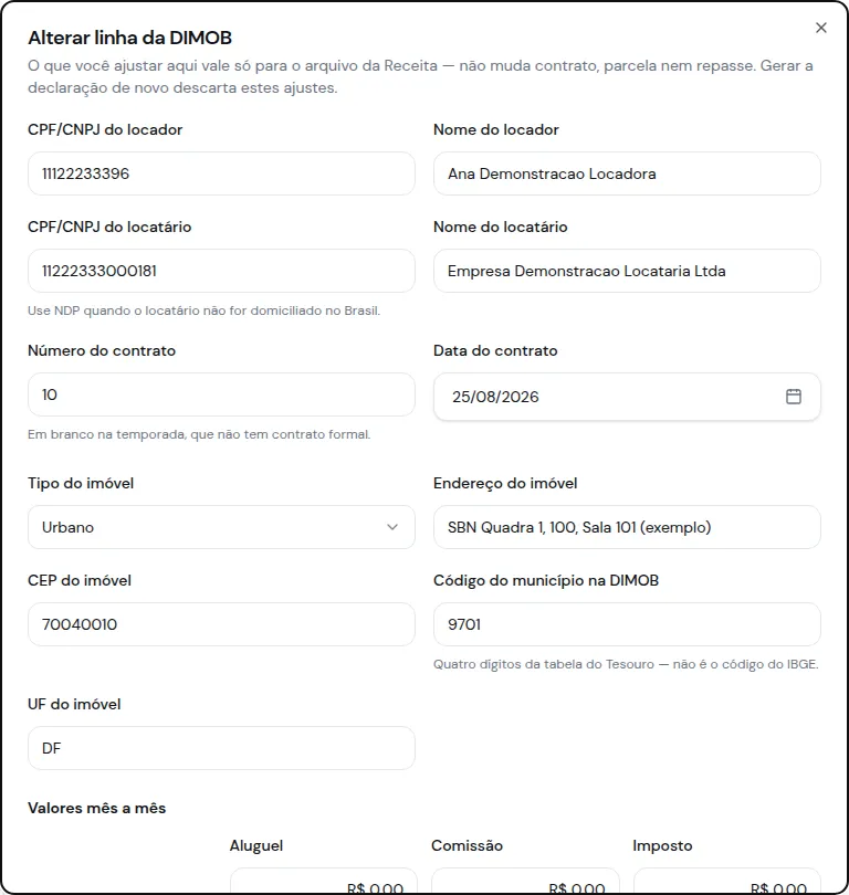 Diálogo de alteração de uma linha da DIMOB com documentos, nomes, contrato, endereço, código do município e os valores mês a mês
