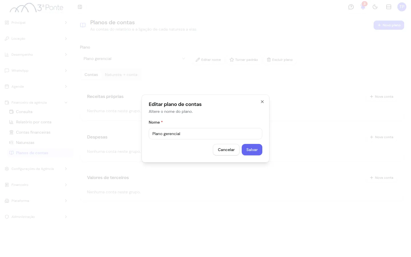Janela Editar plano de contas com o campo Nome