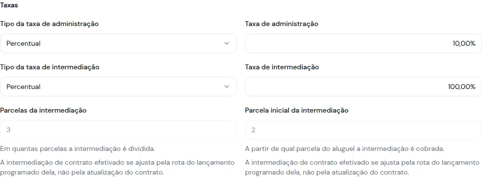 Bloco Taxas do contrato efetivado, com os campos da intermediação desabilitados