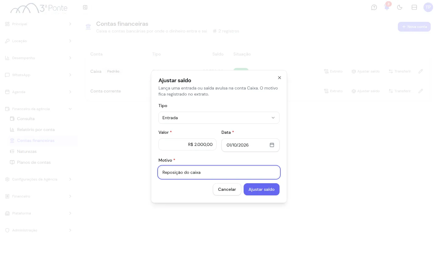 Janela Ajustar saldo com tipo, valor, data e motivo