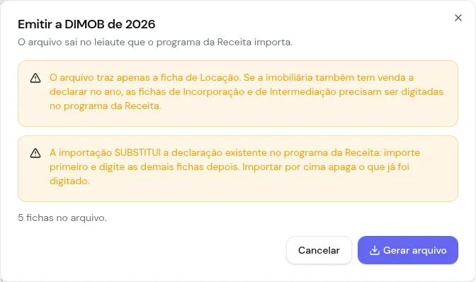 Diálogo de emissão da DIMOB com os avisos sobre a ficha de locação e a substituição na importação