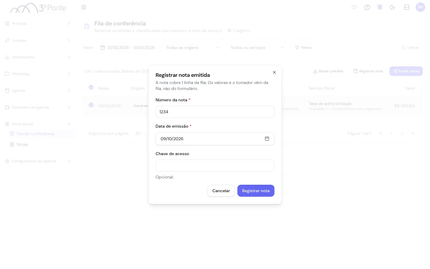 Janela Registrar nota emitida com o número, a data de emissão e a chave de acesso
