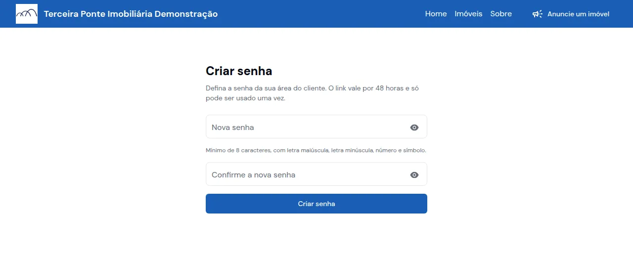 Tela Criar senha no site, com os campos Nova senha e Confirme a nova senha e a regra da senha
