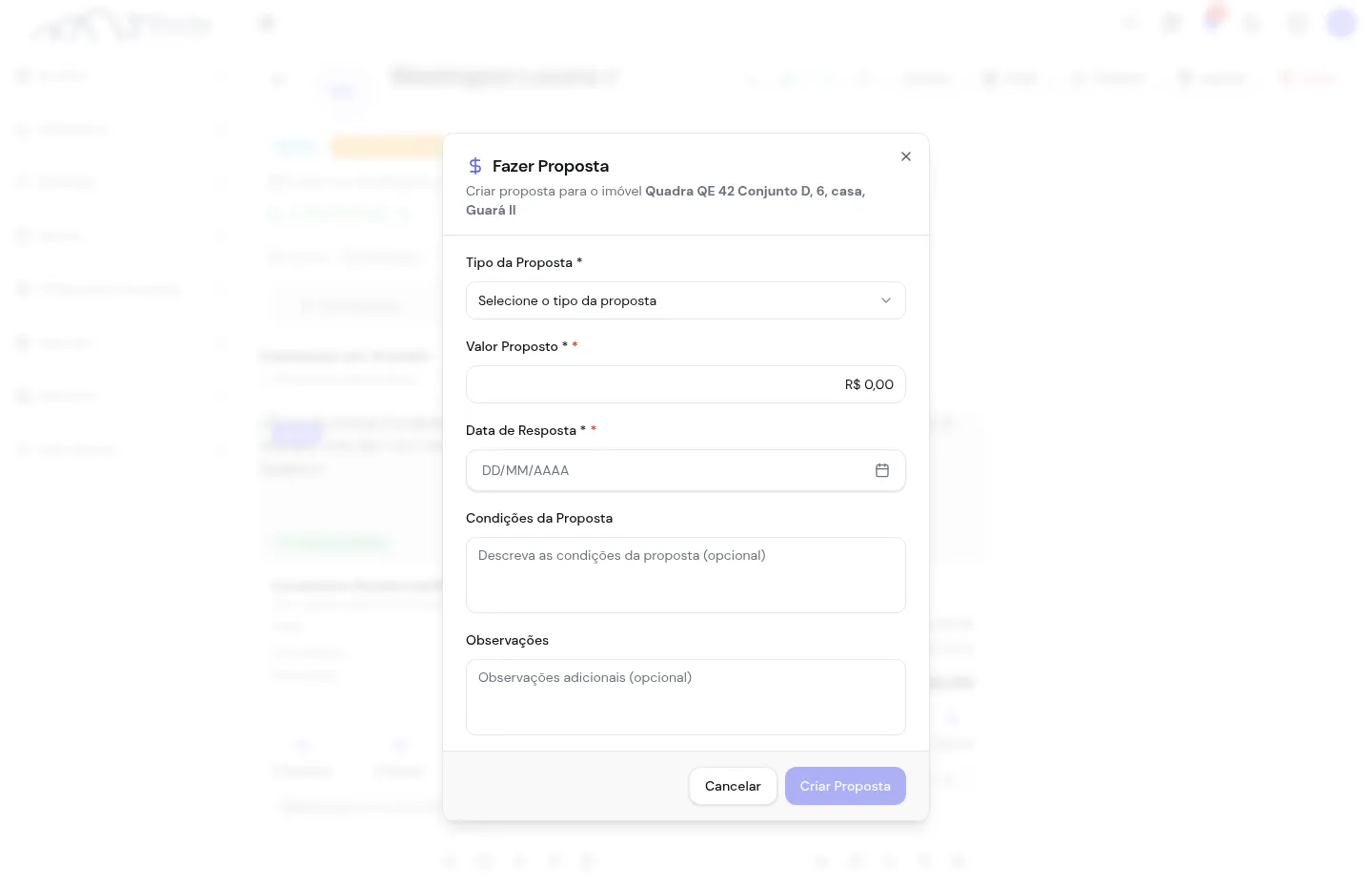 Diálogo Fazer proposta com tipo, valor proposto e data de resposta