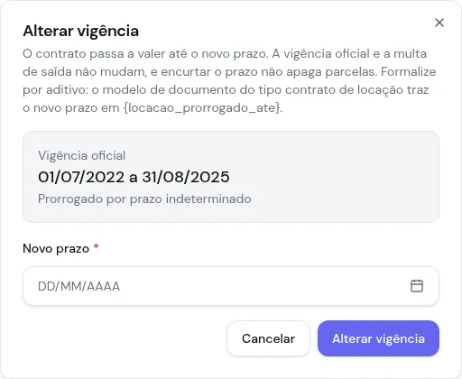 Diálogo Alterar vigência com a vigência oficial e o novo prazo