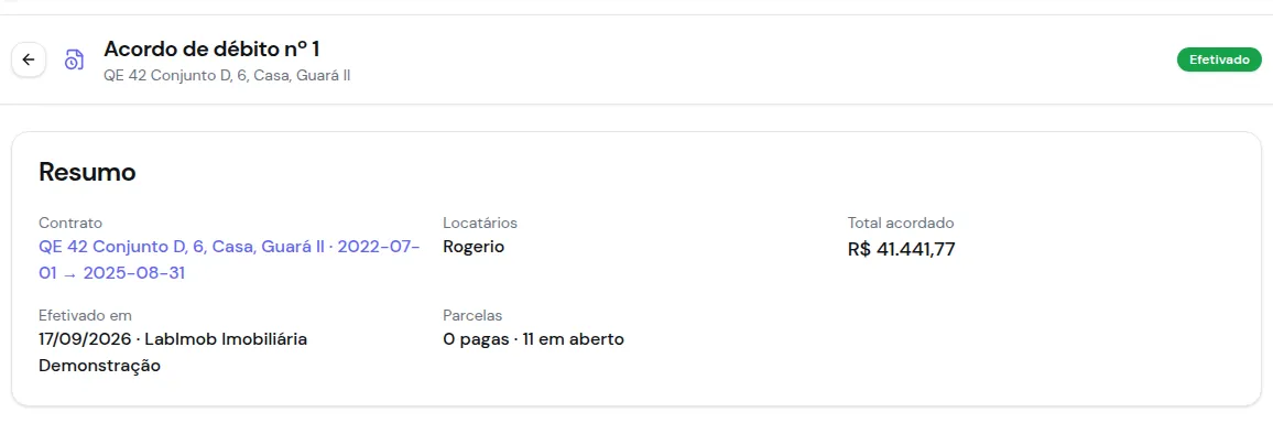 Ficha do acordo efetivado, com a data e o autor da efetivação e as parcelas pagas e em aberto