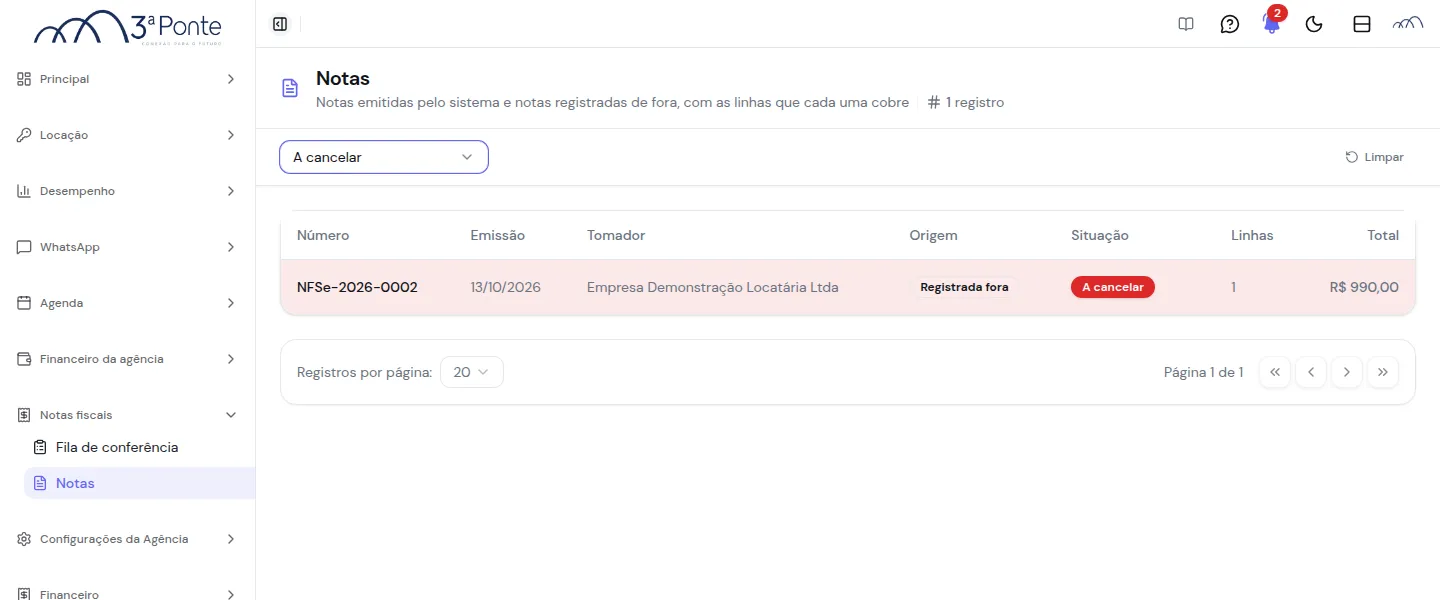 Lista de notas filtrada pela situação A cancelar, com a nota registrada fora em destaque