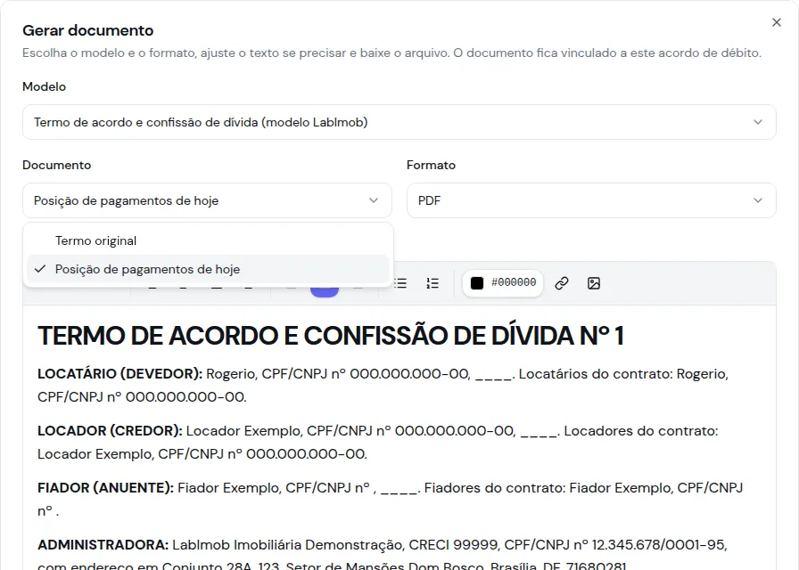Diálogo Gerar documento do acordo efetivado, com o seletor Documento aberto em Termo original e Posição de pagamentos de hoje