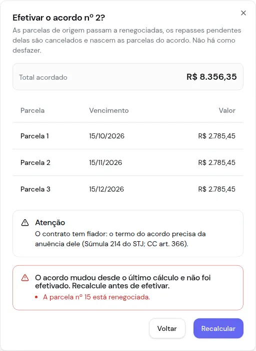 Efetivação recusada: o acordo mudou desde o último cálculo, a parcela nº 15 está renegociada, e o botão Recalcular