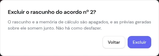 Confirmação Excluir o rascunho do acordo nº 2, avisando que as prévias somem junto