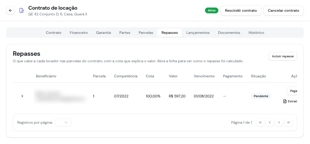 Aba Repasses com beneficiário, cota, valor, pagamento e o botão Extrato
