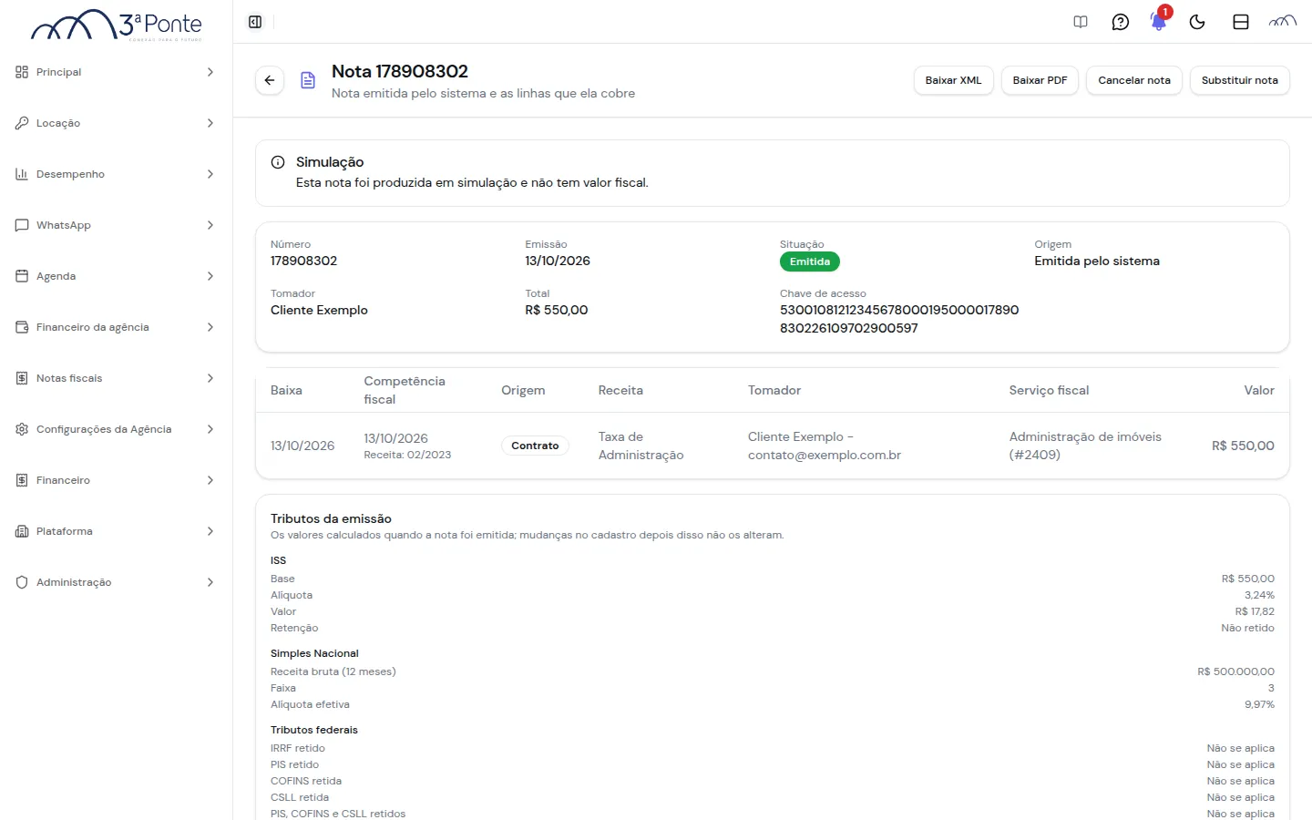 Ficha de uma nota emitida pelo sistema, com o alerta Simulação, os botões Baixar XML, Baixar PDF, Cancelar nota e Substituir nota e a chave de acesso