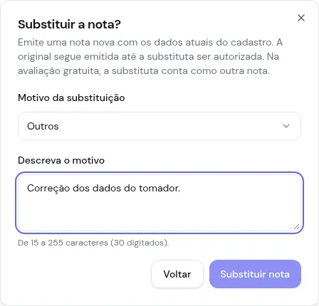 Janela Substituir a nota com o motivo Outros e a descrição preenchida