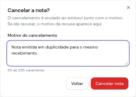 Janela Cancelar a nota com o motivo do cancelamento preenchido