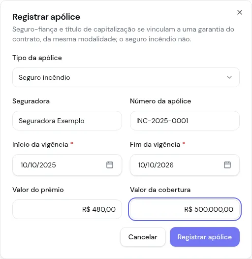 Diálogo Registrar apólice com tipo, seguradora, número, vigência, prêmio e cobertura