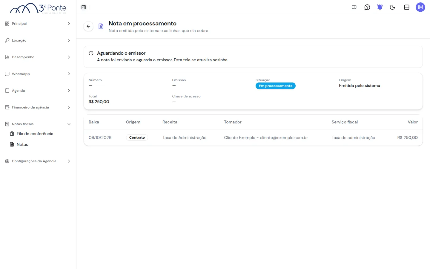 Ficha de uma nota em processamento com o aviso Aguardando o emissor