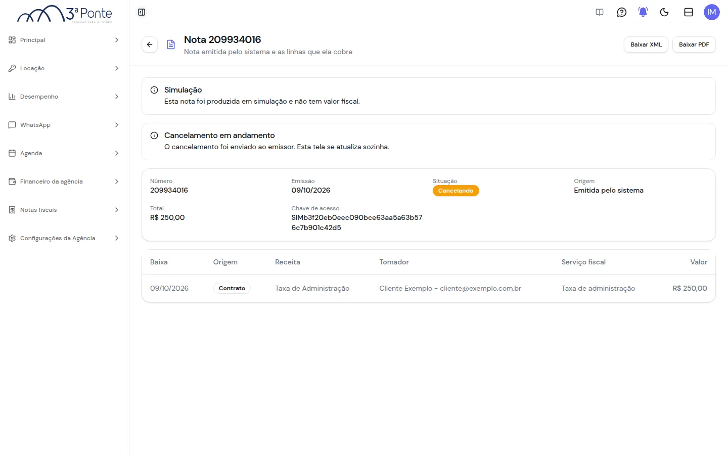 Ficha de uma nota na situação Cancelando, com o aviso Cancelamento em andamento