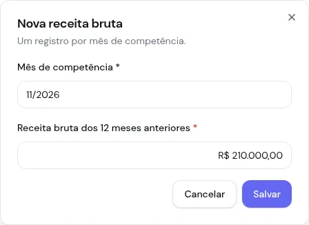 Janela Nova receita bruta com o mês de competência 11/2026 e a receita bruta dos 12 meses anteriores preenchida