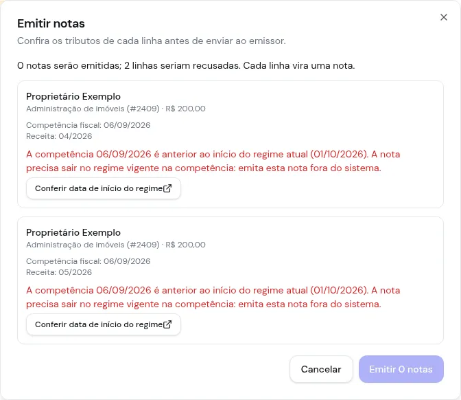 Janela Emitir notas com duas linhas recusadas, cada uma com a mensagem da competência anterior ao início do regime e o link Conferir data de início do regime
