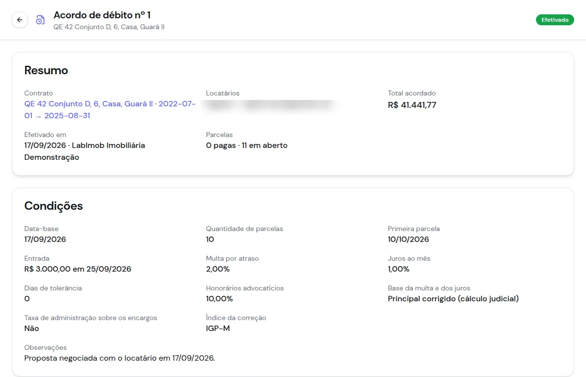 Acordo efetivado com resumo e condições