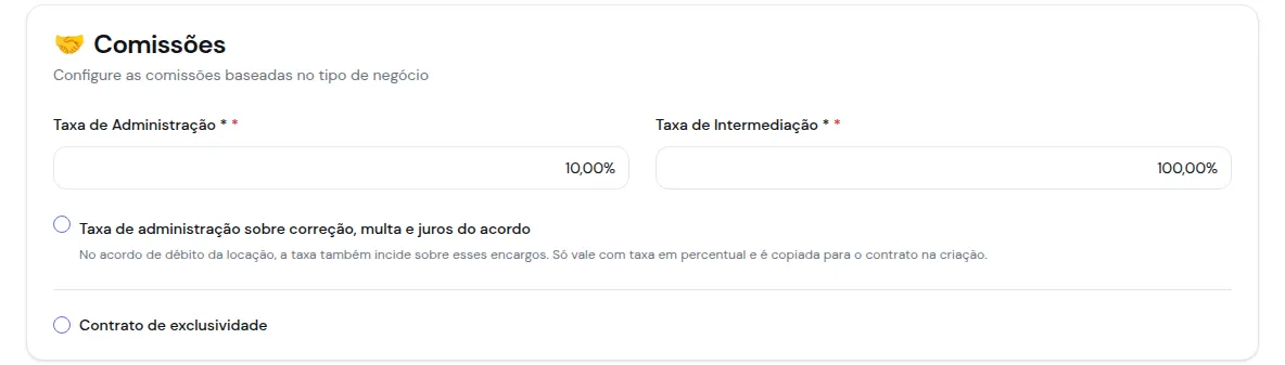 Bloco Comissões do imóvel com a opção de taxa de administração sobre os encargos do acordo
