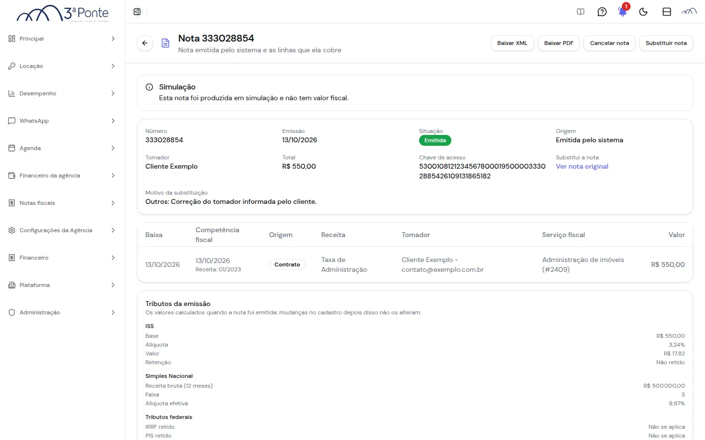 Ficha da nota substituta com o link Ver nota original e o Motivo da substituição