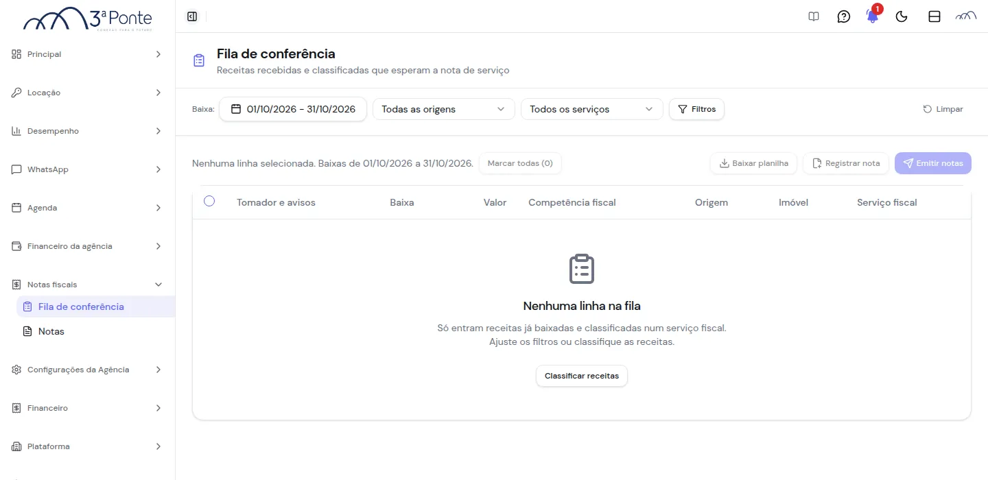 Fila de conferência vazia com a mensagem Nenhuma linha na fila e o botão Classificar receitas