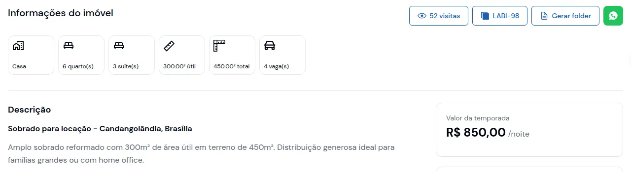 Página do imóvel no portal com o valor da temporada por noite